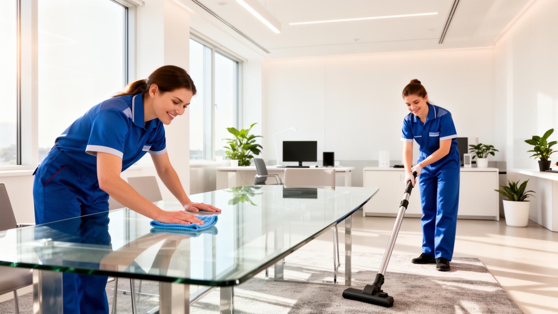 Professional commercial cleaning team at work in a modern office